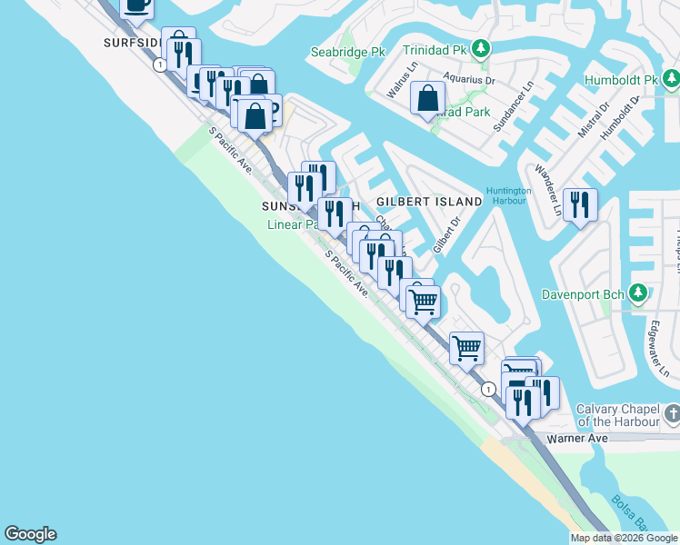 map of restaurants, bars, coffee shops, grocery stores, and more near 16765 South Pacific Avenue in Huntington Beach