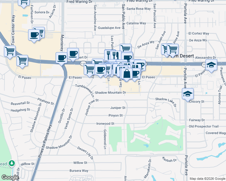 map of restaurants, bars, coffee shops, grocery stores, and more near 45407 San Pablo Avenue in Palm Desert