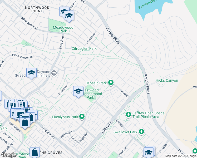 map of restaurants, bars, coffee shops, grocery stores, and more near 114 Yuba in Irvine