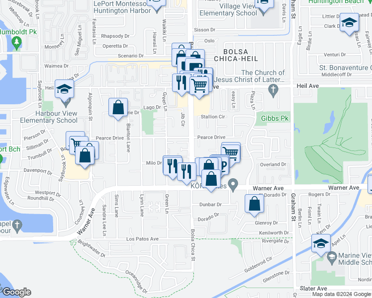 map of restaurants, bars, coffee shops, grocery stores, and more near 4981 Bonita Drive in Huntington Beach