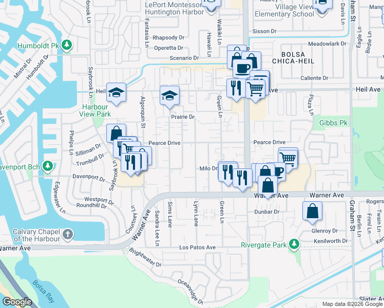 map of restaurants, bars, coffee shops, grocery stores, and more near 16811 Lynn Lane in Huntington Beach