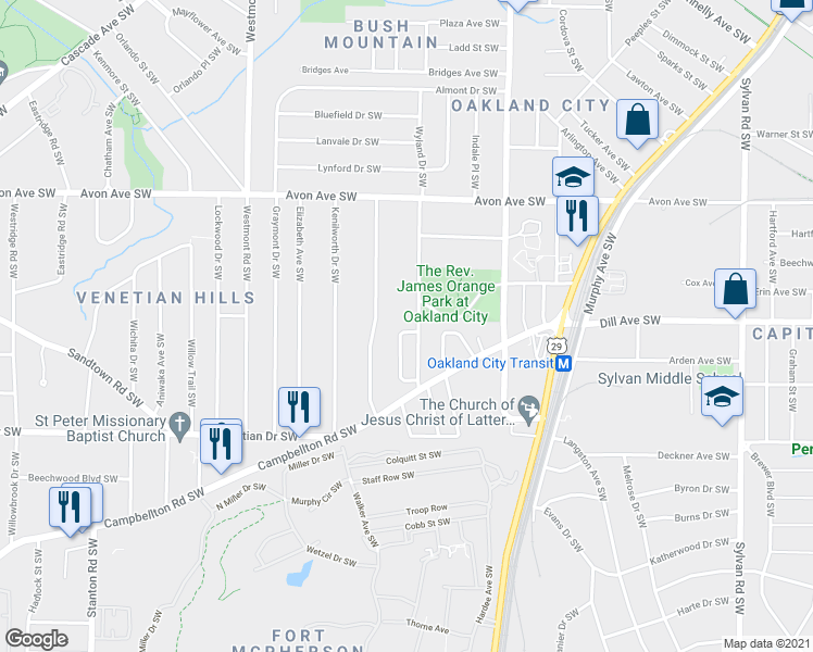 map of restaurants, bars, coffee shops, grocery stores, and more near 1355 Byrere Terrace Southwest in Atlanta