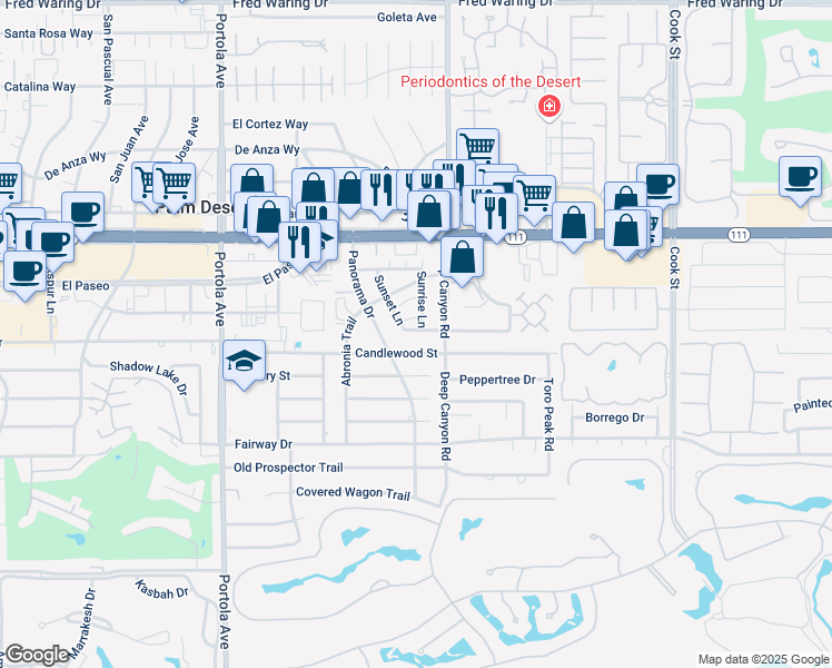 map of restaurants, bars, coffee shops, grocery stores, and more near 74443 Driftwood Drive in Palm Desert