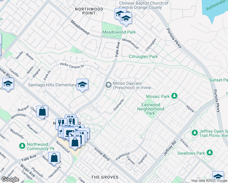 map of restaurants, bars, coffee shops, grocery stores, and more near 17 Entrada West in Irvine