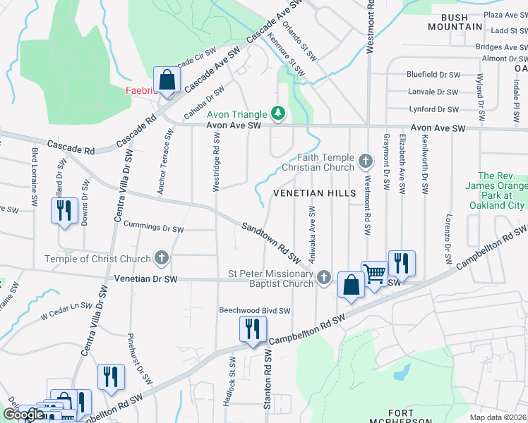 map of restaurants, bars, coffee shops, grocery stores, and more near 1375 Lockhaven Circle Southwest in Atlanta