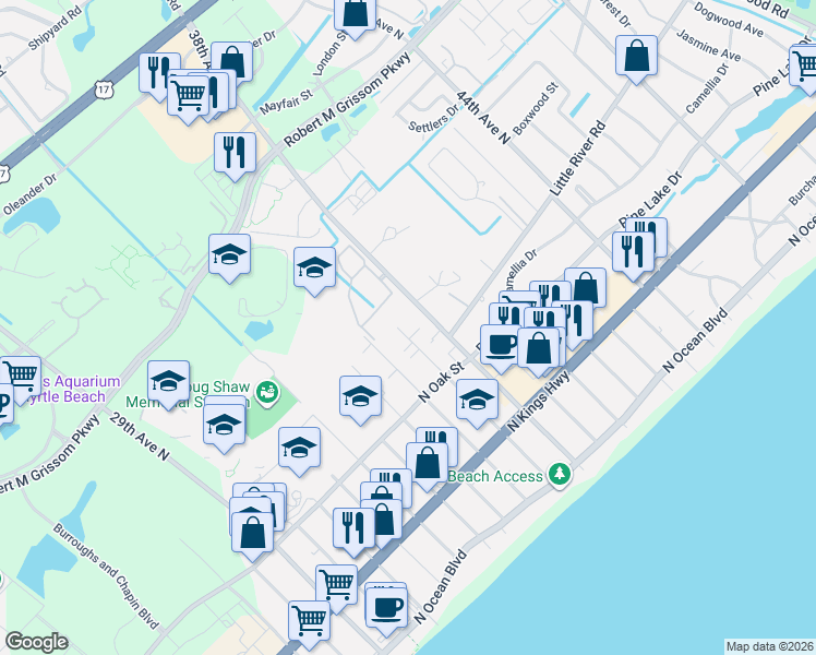 map of restaurants, bars, coffee shops, grocery stores, and more near 616D 37th Avenue North in Myrtle Beach