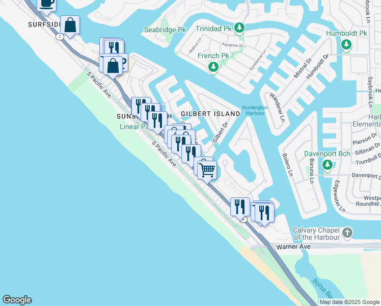 map of restaurants, bars, coffee shops, grocery stores, and more near 16833 Bayview Drive in Huntington Beach