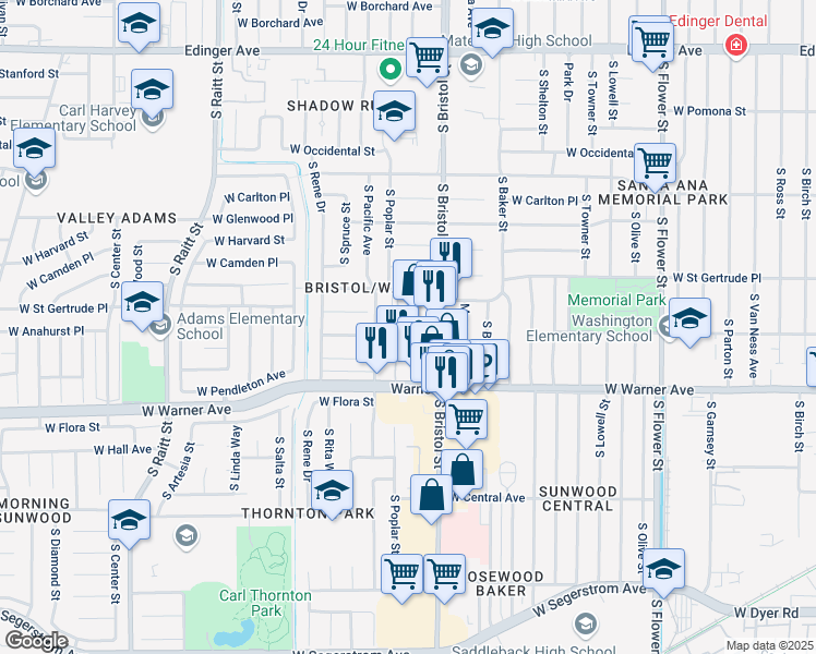 map of restaurants, bars, coffee shops, grocery stores, and more near 2118 South Bristol Street in Santa Ana
