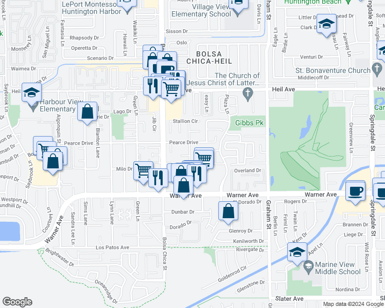 map of restaurants, bars, coffee shops, grocery stores, and more near 16832 Roosevelt Lane in Huntington Beach
