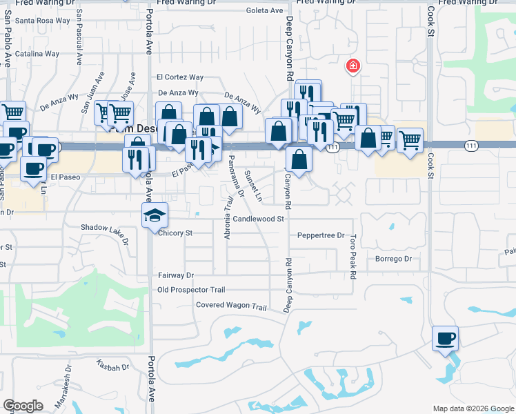 map of restaurants, bars, coffee shops, grocery stores, and more near 45451 Sunset Lane in Palm Desert