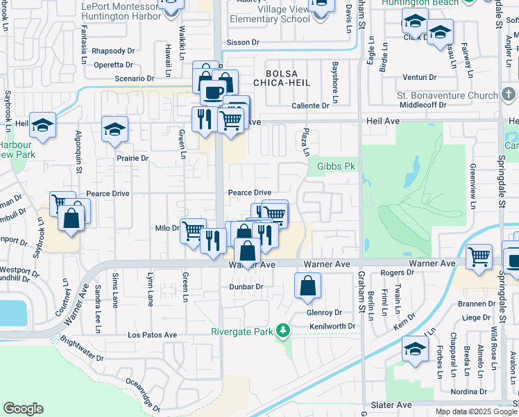 map of restaurants, bars, coffee shops, grocery stores, and more near 16832 Roosevelt Lane in Huntington Beach