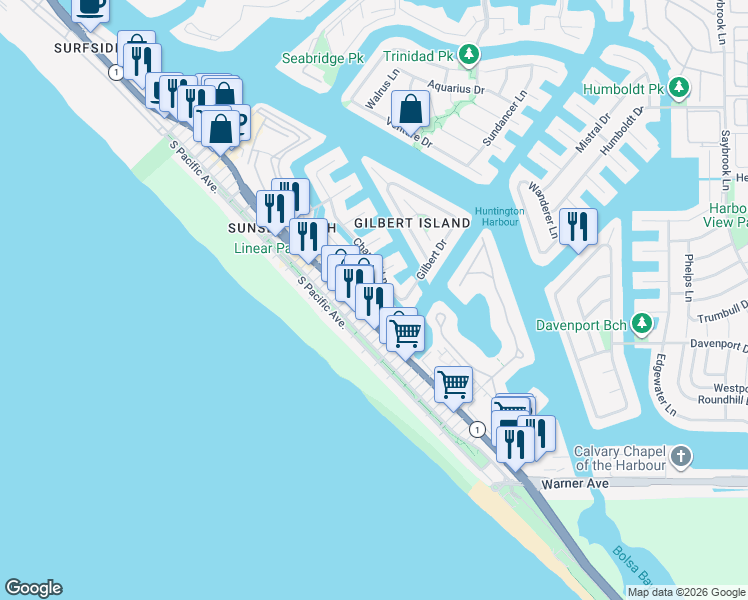 map of restaurants, bars, coffee shops, grocery stores, and more near 16833 Bayview Drive in Huntington Beach