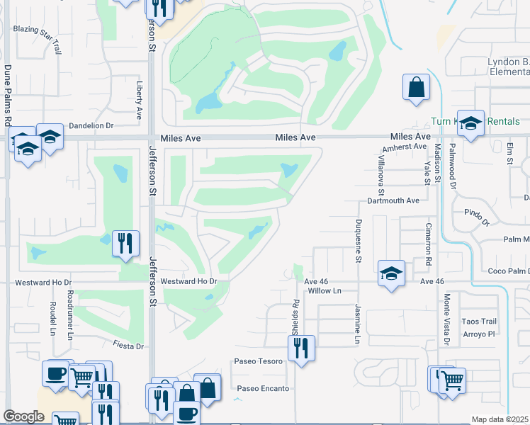 map of restaurants, bars, coffee shops, grocery stores, and more near 80385 Pebble Beach in La Quinta