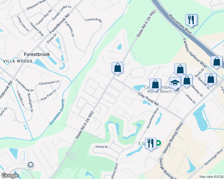 map of restaurants, bars, coffee shops, grocery stores, and more near 749 Burcale Road in Myrtle Beach