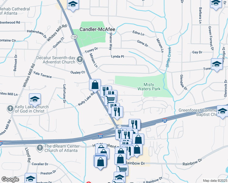 map of restaurants, bars, coffee shops, grocery stores, and more near 2805 Misty Waters Drive in Decatur