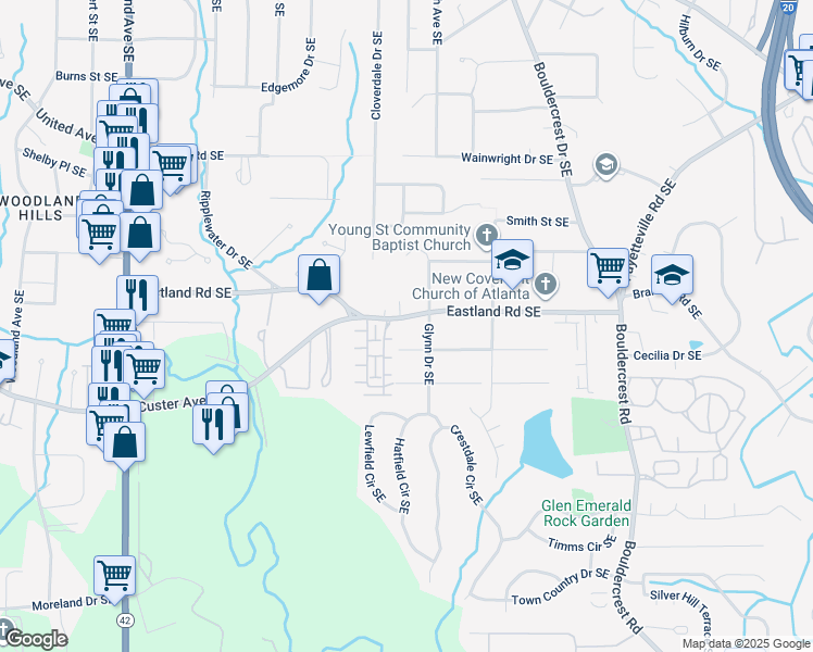 map of restaurants, bars, coffee shops, grocery stores, and more near 1475 Eastland Road Southeast in Atlanta