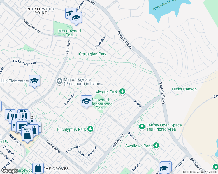 map of restaurants, bars, coffee shops, grocery stores, and more near 114 Yuba in Irvine