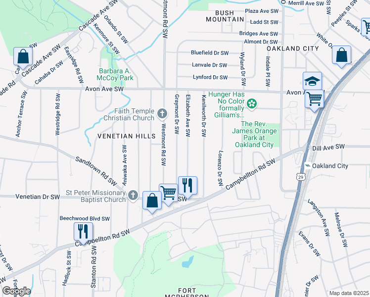 map of restaurants, bars, coffee shops, grocery stores, and more near 1335 Elizabeth Avenue Southwest in Atlanta