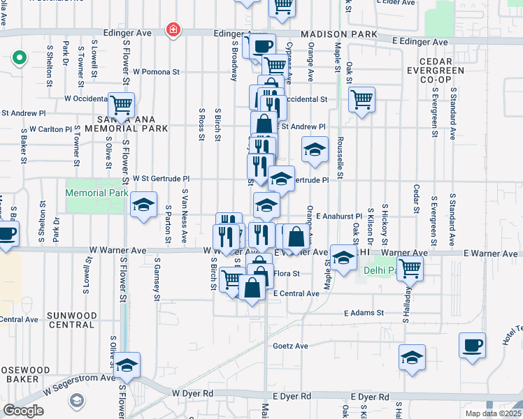 map of restaurants, bars, coffee shops, grocery stores, and more near 2140 South Main Street in Santa Ana
