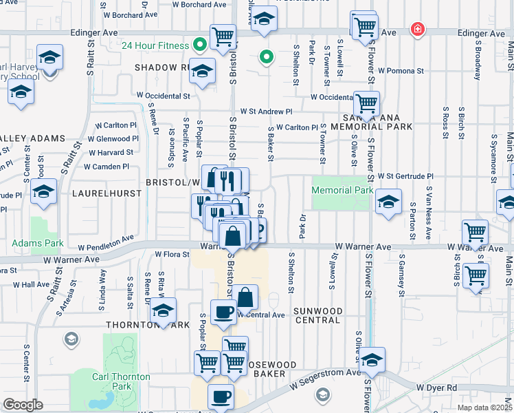 map of restaurants, bars, coffee shops, grocery stores, and more near 2110 South Baker Street in Santa Ana
