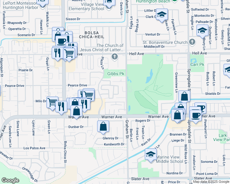 map of restaurants, bars, coffee shops, grocery stores, and more near 16826 Pembrook Lane in Huntington Beach