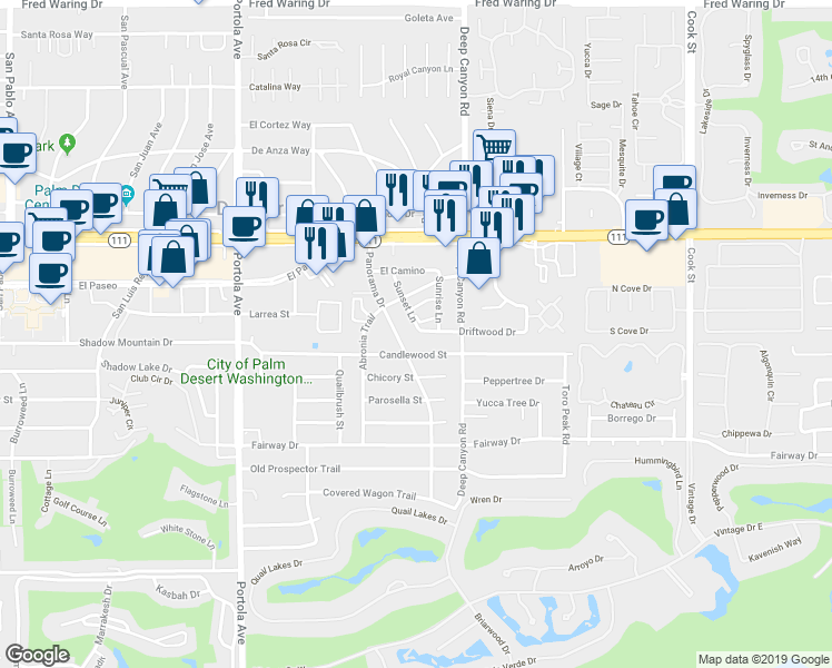 map of restaurants, bars, coffee shops, grocery stores, and more near 45451 Sunset Lane in Palm Desert