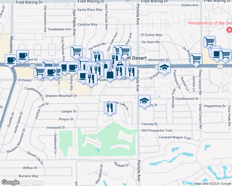 map of restaurants, bars, coffee shops, grocery stores, and more near 73771 Larrea Street in Palm Desert