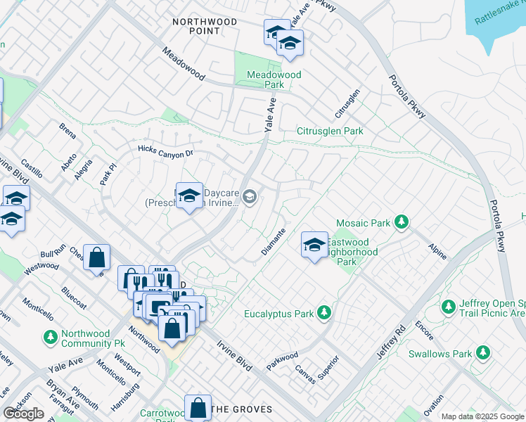 map of restaurants, bars, coffee shops, grocery stores, and more near 13 Entrada West in Irvine