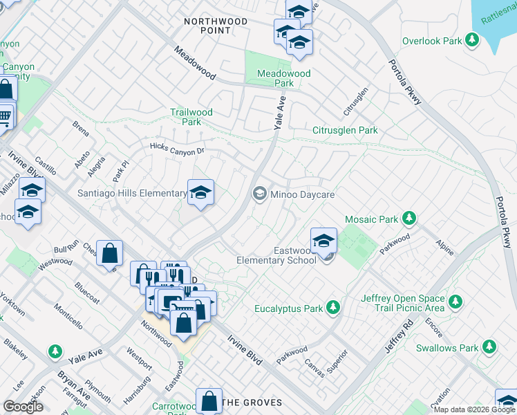 map of restaurants, bars, coffee shops, grocery stores, and more near 13 Entrada West in Irvine