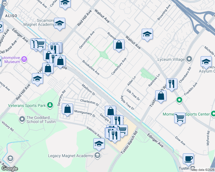 map of restaurants, bars, coffee shops, grocery stores, and more near 2001 Fallen Leaf Place in Tustin
