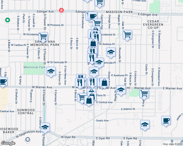 map of restaurants, bars, coffee shops, grocery stores, and more near 2141 South Sycamore Street in Santa Ana