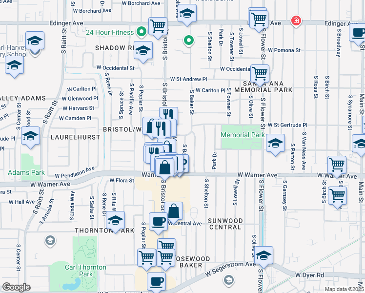 map of restaurants, bars, coffee shops, grocery stores, and more near 2110 South Baker Street in Santa Ana