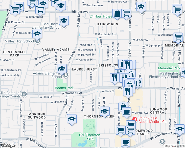 map of restaurants, bars, coffee shops, grocery stores, and more near 2121 South Forest Avenue in Santa Ana