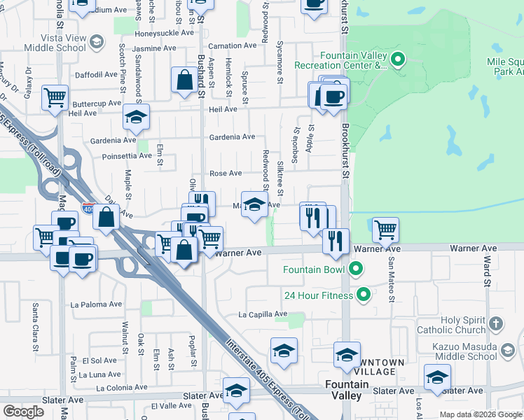 map of restaurants, bars, coffee shops, grocery stores, and more near 16830 Buckeye Circle in Fountain Valley