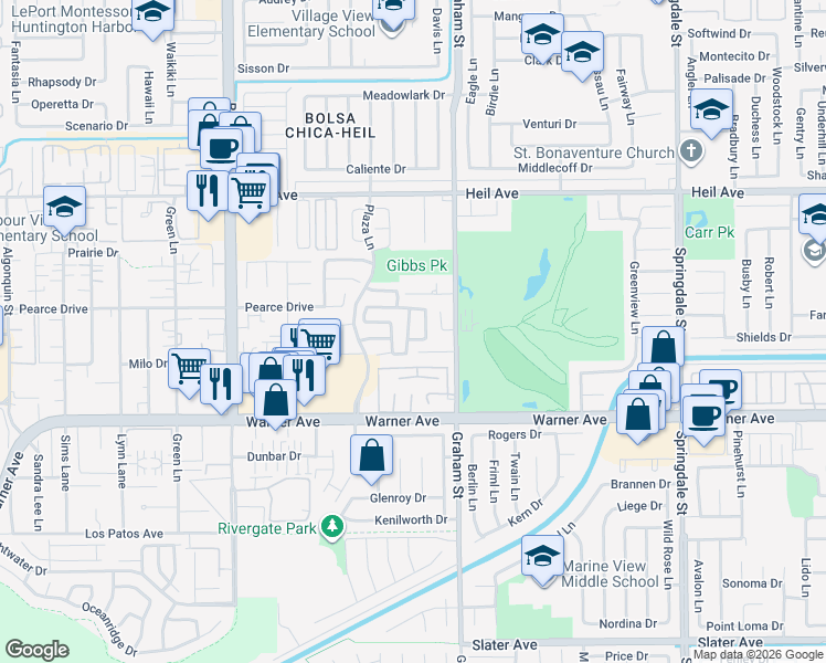 map of restaurants, bars, coffee shops, grocery stores, and more near 16812 Barclay Lane in Huntington Beach
