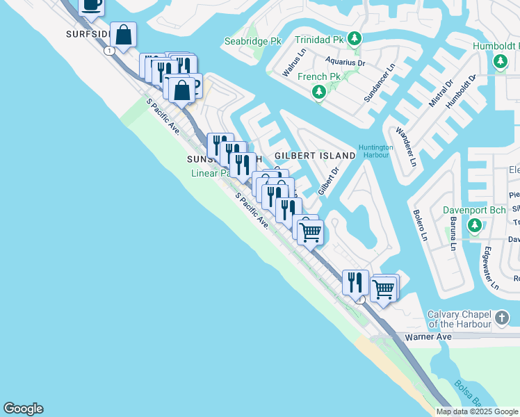 map of restaurants, bars, coffee shops, grocery stores, and more near in Huntington Beach