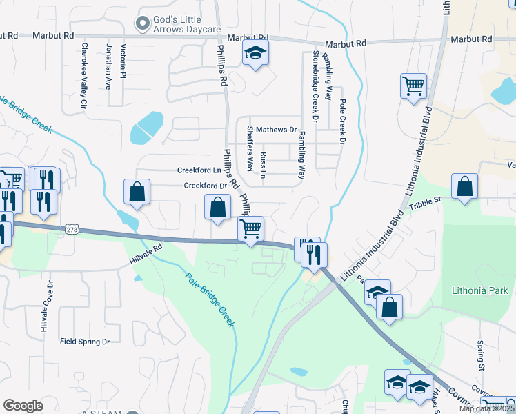 map of restaurants, bars, coffee shops, grocery stores, and more near 6376 Kennonbriar Court in Lithonia