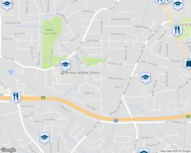 map of restaurants, bars, coffee shops, grocery stores, and more near 2382 Whites Mill Lane in Decatur