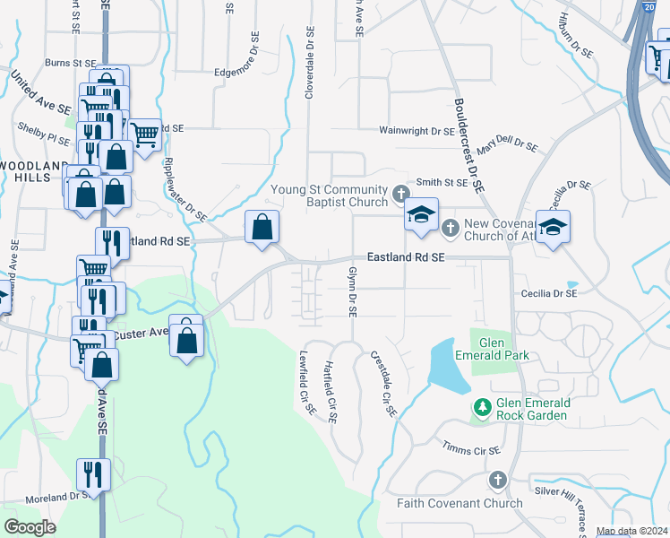 map of restaurants, bars, coffee shops, grocery stores, and more near 1475 Eastland Road Southeast in Atlanta