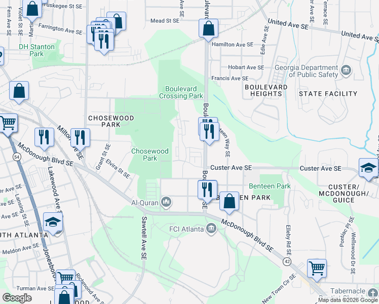 map of restaurants, bars, coffee shops, grocery stores, and more near 540 Burroughs Street Southeast in Atlanta