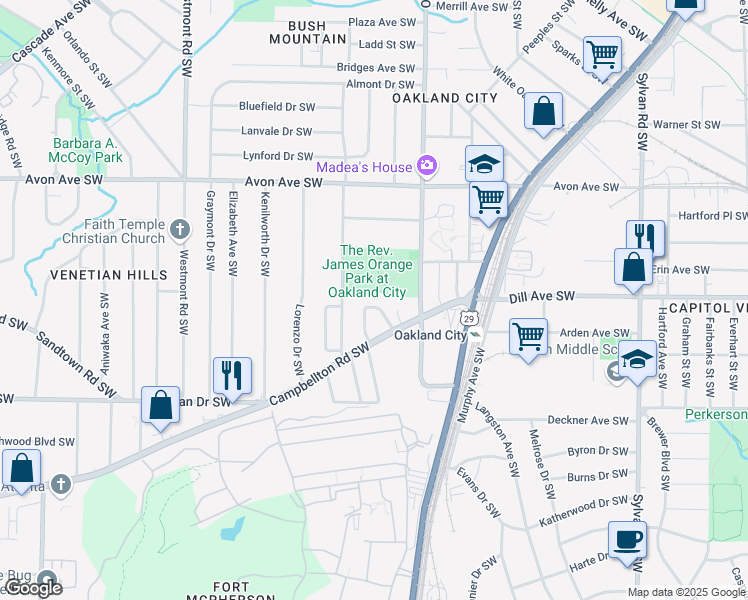 map of restaurants, bars, coffee shops, grocery stores, and more near 1305 Oakland Lane Southwest in Atlanta