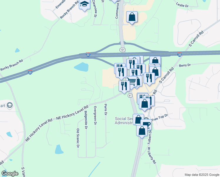 map of restaurants, bars, coffee shops, grocery stores, and more near 106 Cooley Way in Villa Rica