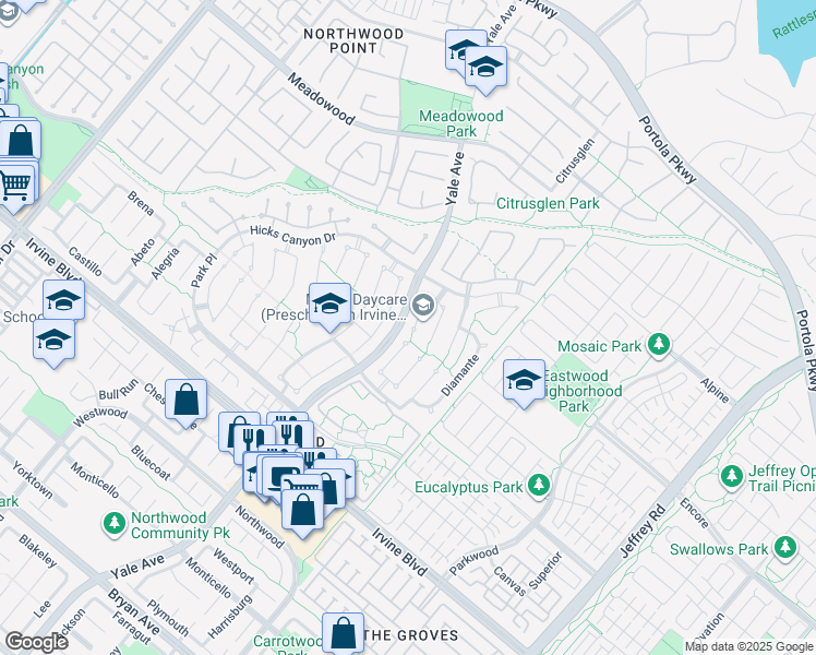 map of restaurants, bars, coffee shops, grocery stores, and more near 30 Entrada West in Irvine