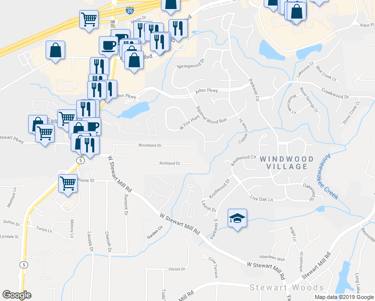 map of restaurants, bars, coffee shops, grocery stores, and more near 5525 Woodland Drive in Douglasville