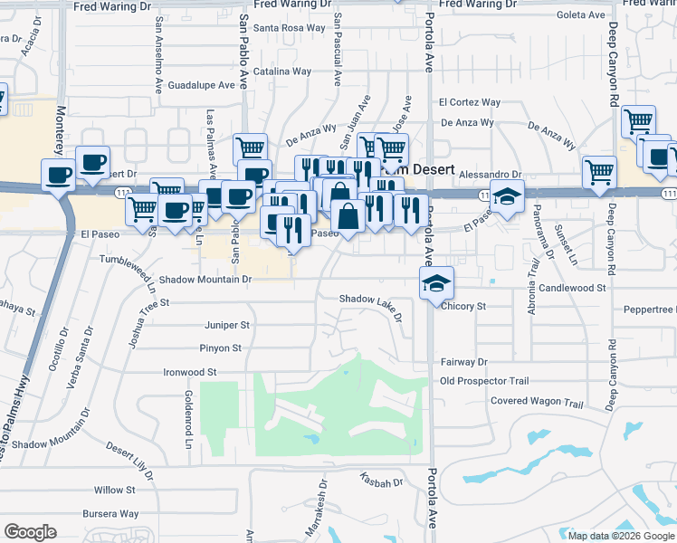 map of restaurants, bars, coffee shops, grocery stores, and more near 73771 Larrea Street in Palm Desert