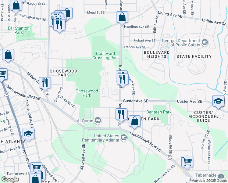 map of restaurants, bars, coffee shops, grocery stores, and more near 545 Burroughs Street Southeast in Atlanta