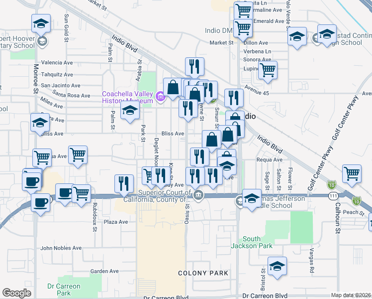 map of restaurants, bars, coffee shops, grocery stores, and more near 45448 King Street in Indio