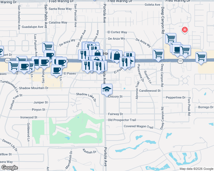 map of restaurants, bars, coffee shops, grocery stores, and more near 74025 Larrea Street in Palm Desert