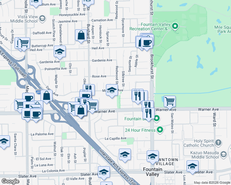 map of restaurants, bars, coffee shops, grocery stores, and more near 16830 Buckeye Circle in Fountain Valley
