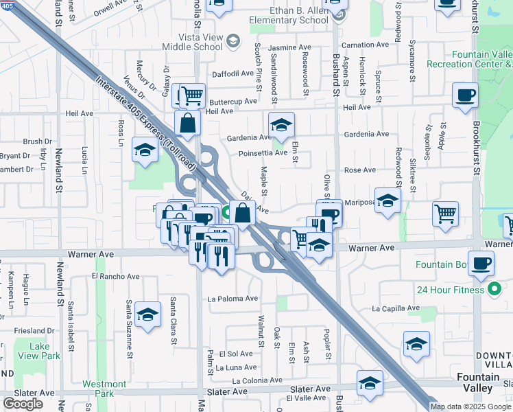 map of restaurants, bars, coffee shops, grocery stores, and more near 16829 Daisy Avenue in Fountain Valley